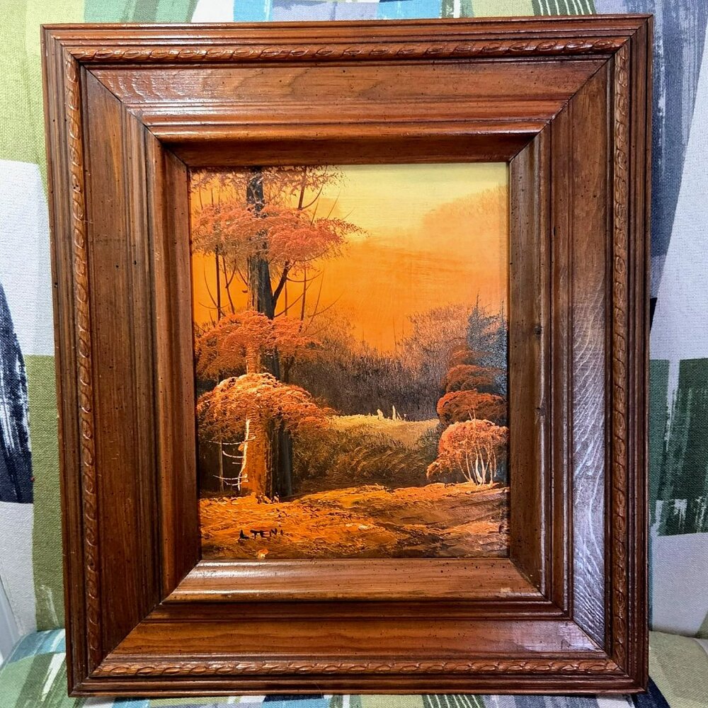 Vtg Original Oil Painting By Lteni Sunset Forest Fall Scene Signed And Framed